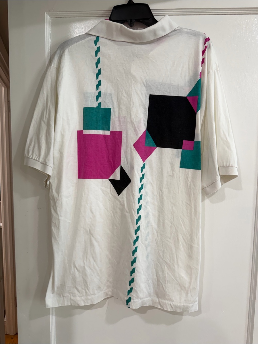 Van Heusen White Polo with Teal, Magenta & Black Geometric Print - Picture 7 of 8